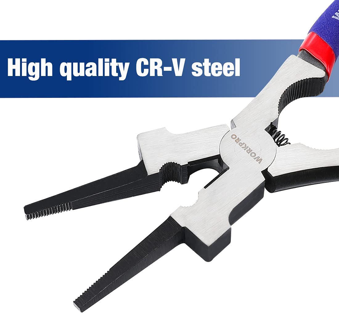 WORKPRO welding pliers with serrated silver jaws and blue/red insulated handle grips
