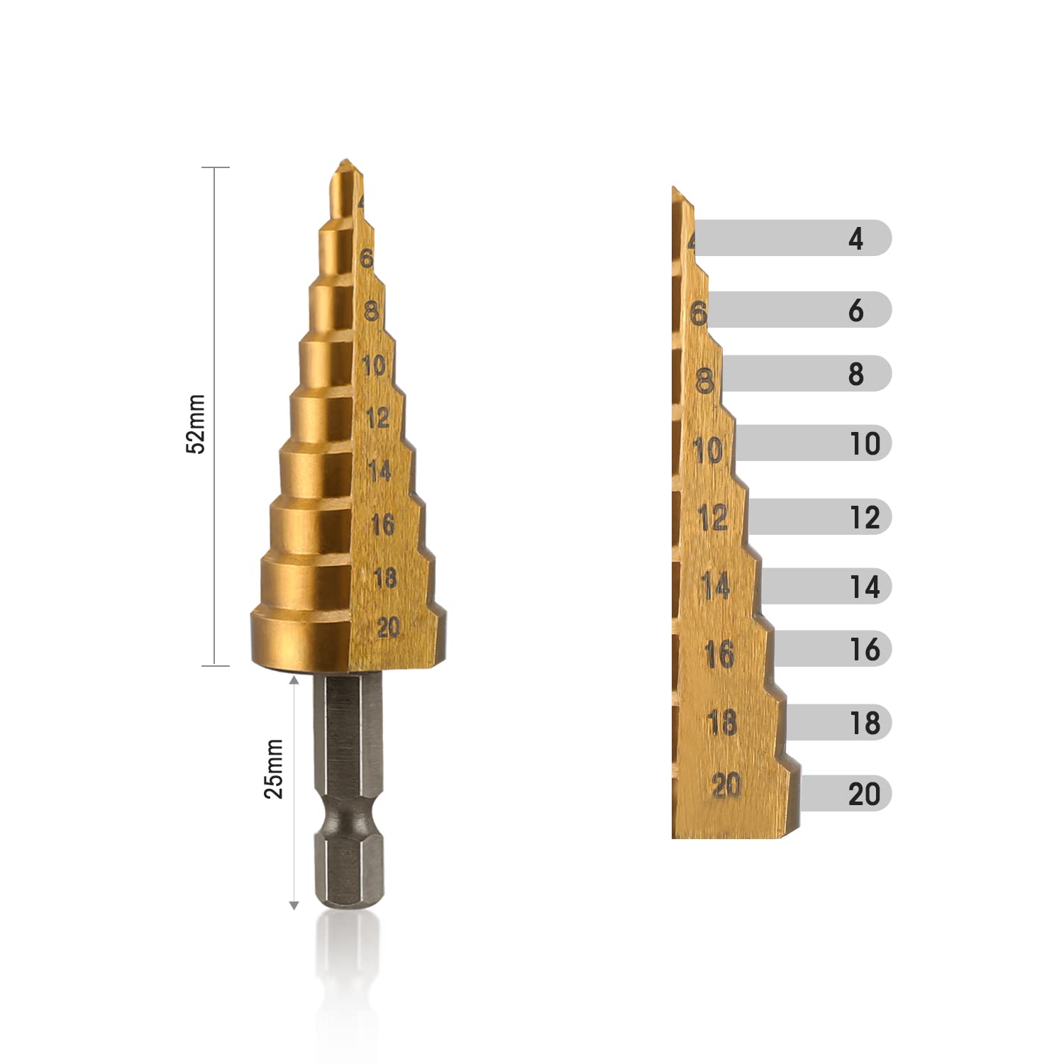 Titanium-coated step drill bit with bronze stepped sections and 1/4-inch hex shank