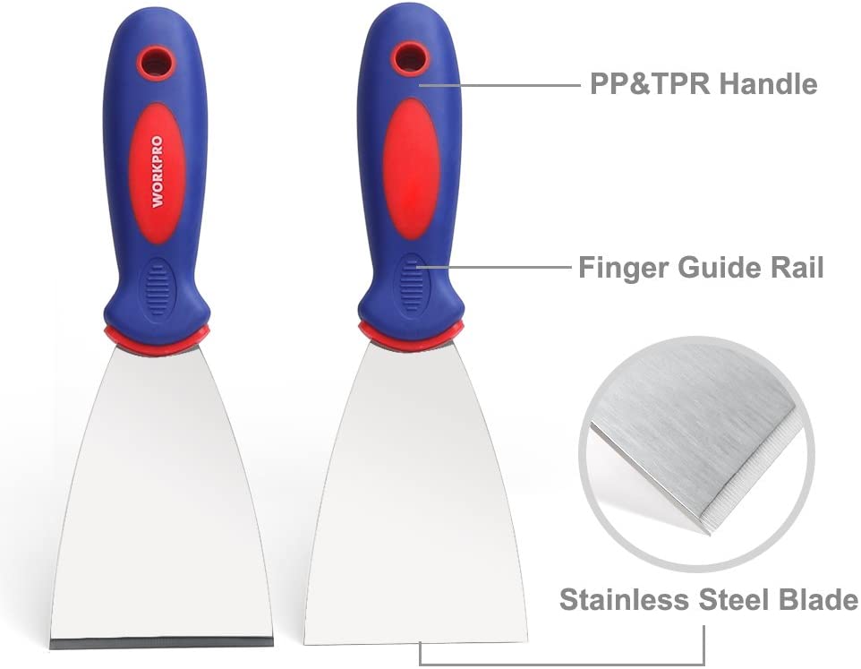 Pair of putty knives with PP&TRP blue handles and stainless steel blades