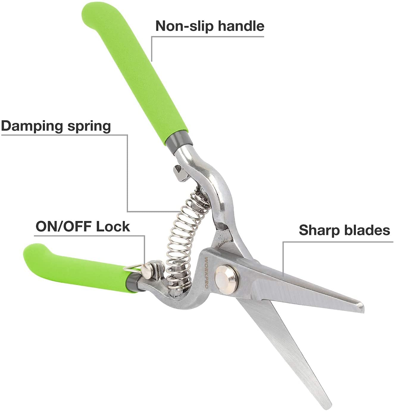 Pruning shears set with green non-slip handles, straight steel blades, spring-loaded