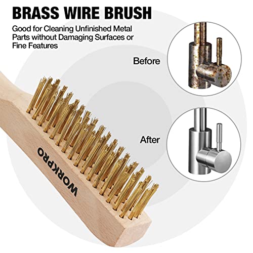 Brass wire brush with wooden handle and golden bristles for metal cleaning