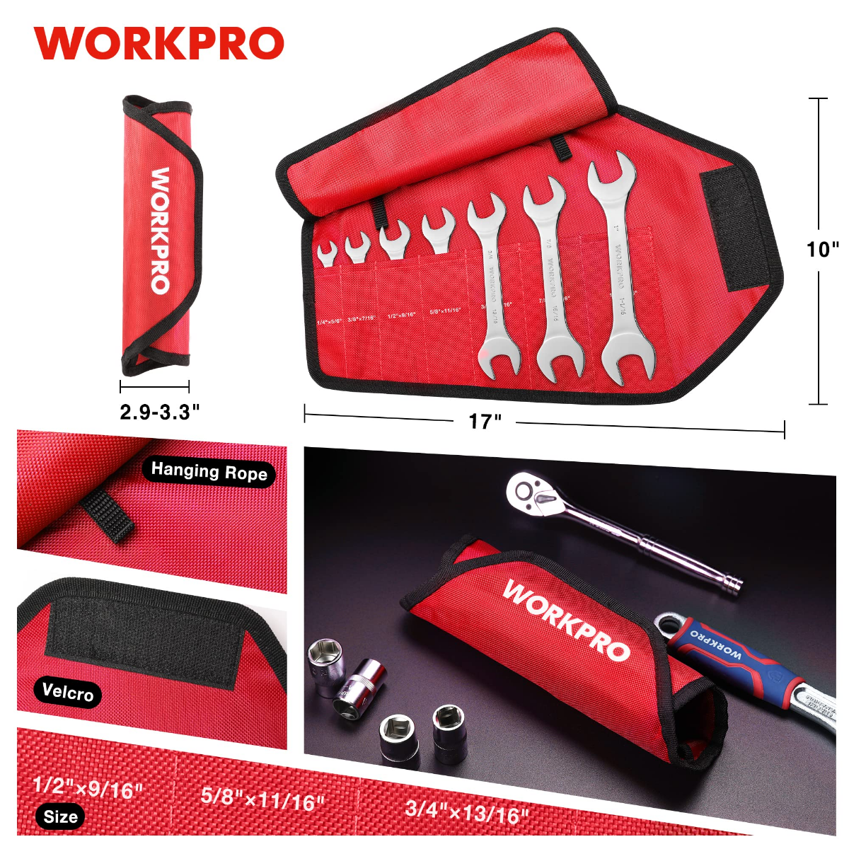 Red roll-up pouch containing chrome metric open-end wrenches and carrying strap.