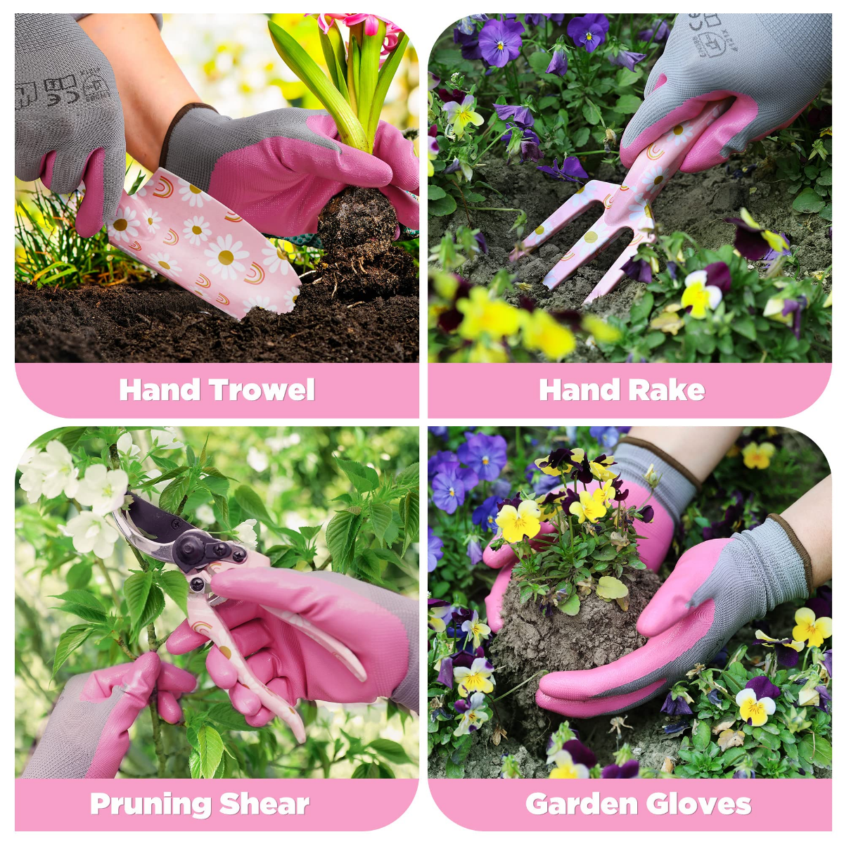 Pink gardening gloves with floral hand trowel, hand rake, and pruning shears