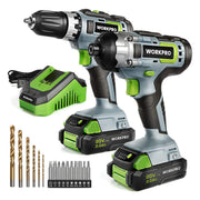 Cordless drill/impact driver combo kit with two batteries, charger, and bit set