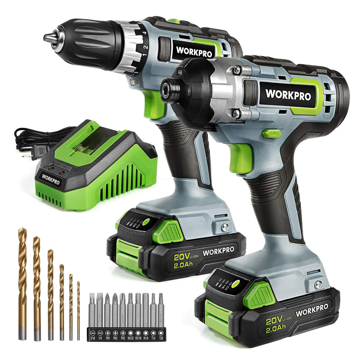 Cordless drill/impact driver combo kit with two batteries, charger, and bit set