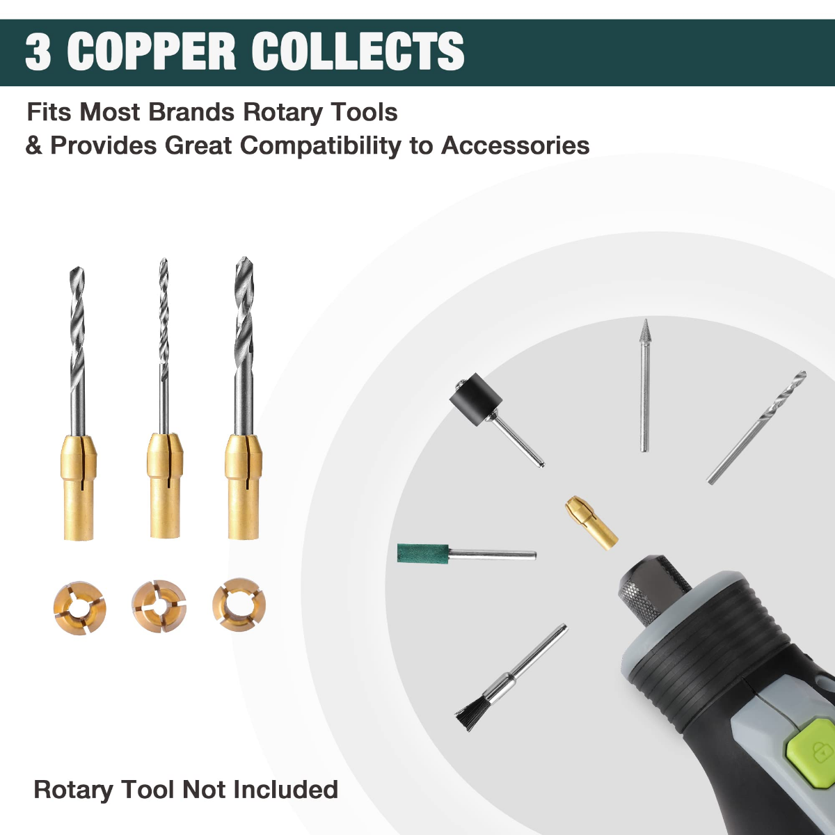 Copper collet set with rotary tool adapter, drill bits and collets