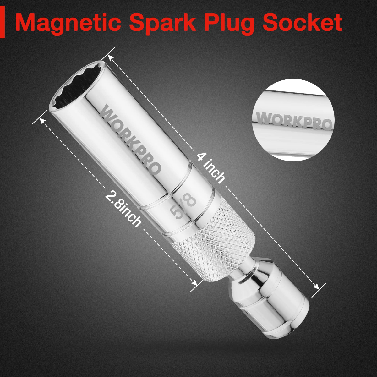 WORKPRO magnetic spark plug socket with knurled grip and chrome 5/8 in socket