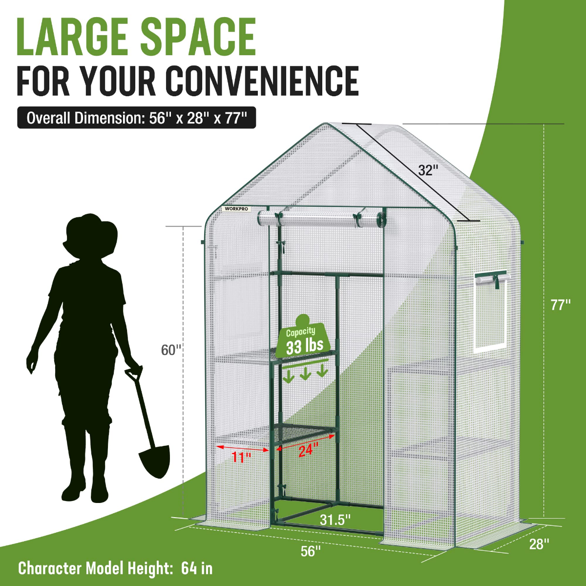 Portable mini walk-in greenhouse with clear PE panels and green wire shelving frame