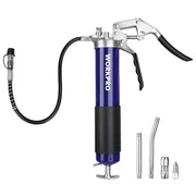 WORKPRO pistol-grip grease gun with blue barrel, black handle, flexible hose and nozzles