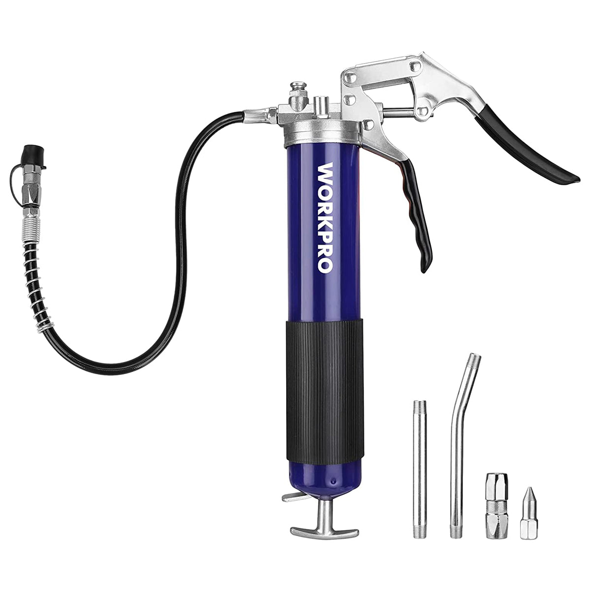 WORKPRO pistol-grip grease gun with blue barrel, black handle, flexible hose and nozzles