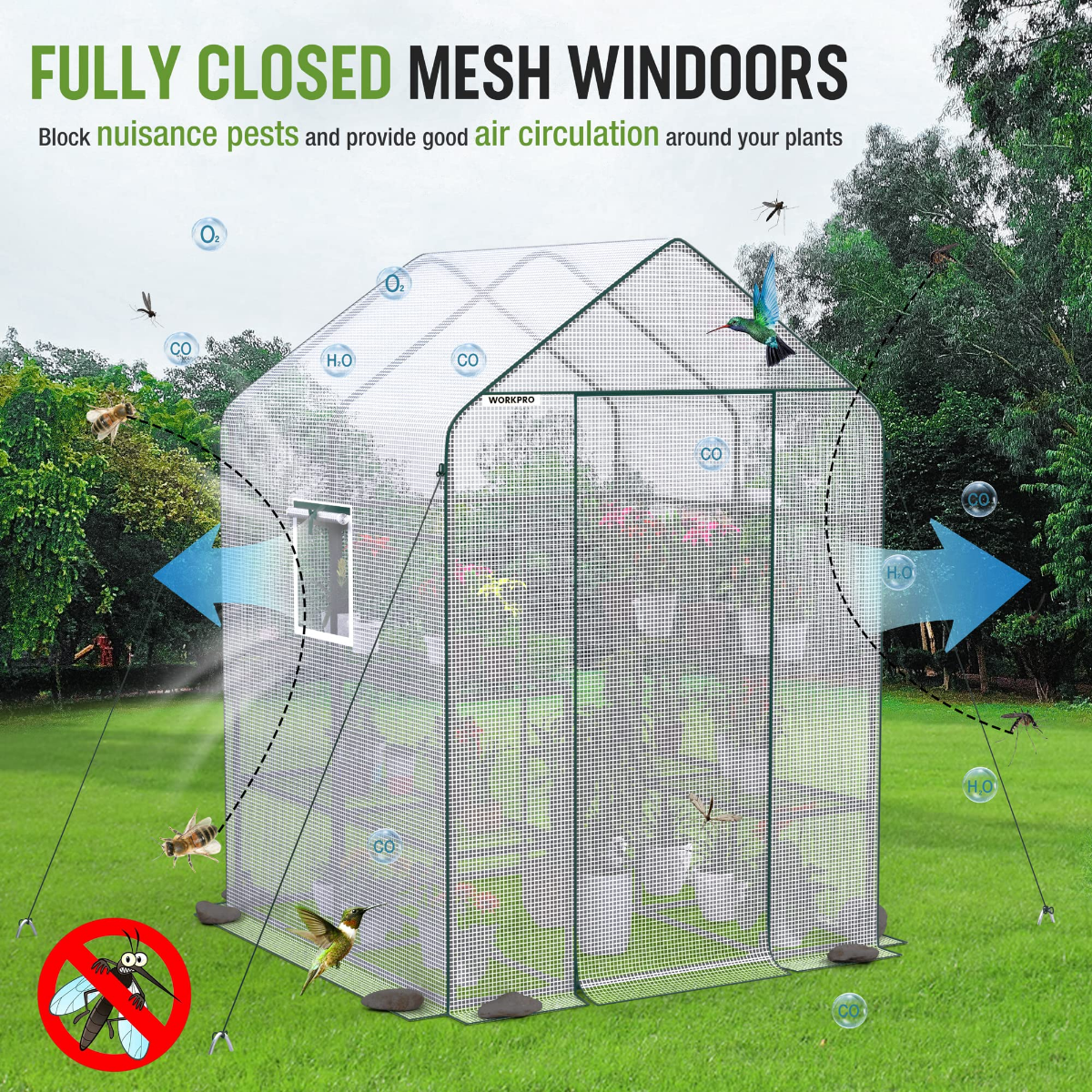 Portable walk-in greenhouse with closed mesh windows and doors, pest-blocking graphic