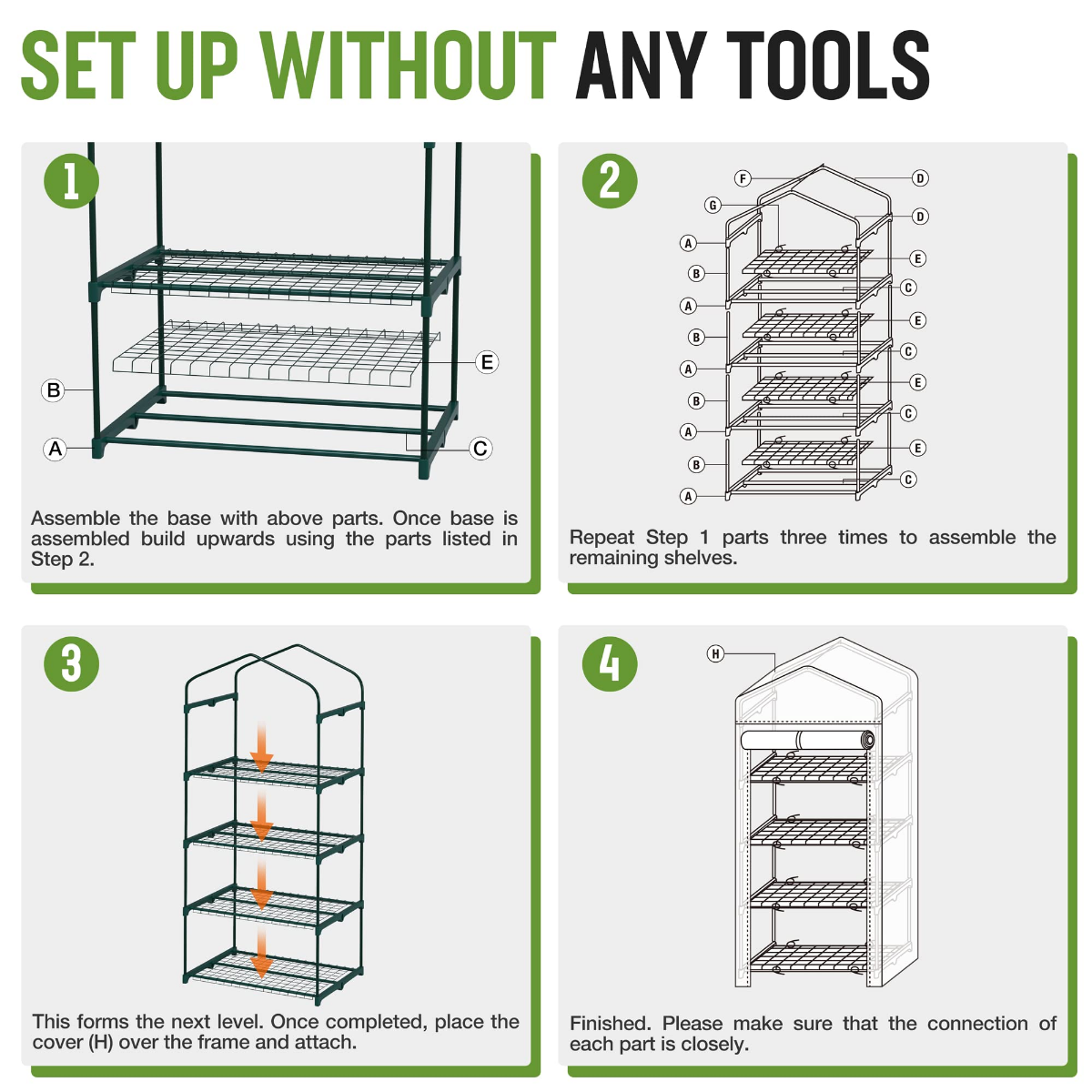 Green metal rack frame for mini greenhouse with tool-free assembly shown in steps