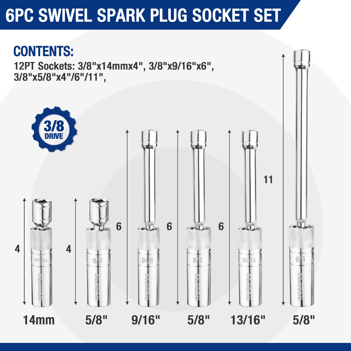 6-piece swivel spark plug socket set with multiple extension lengths and 12-point sockets.
