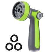 Green and gray garden hose nozzle sprayer with multi-hole head and thumb control