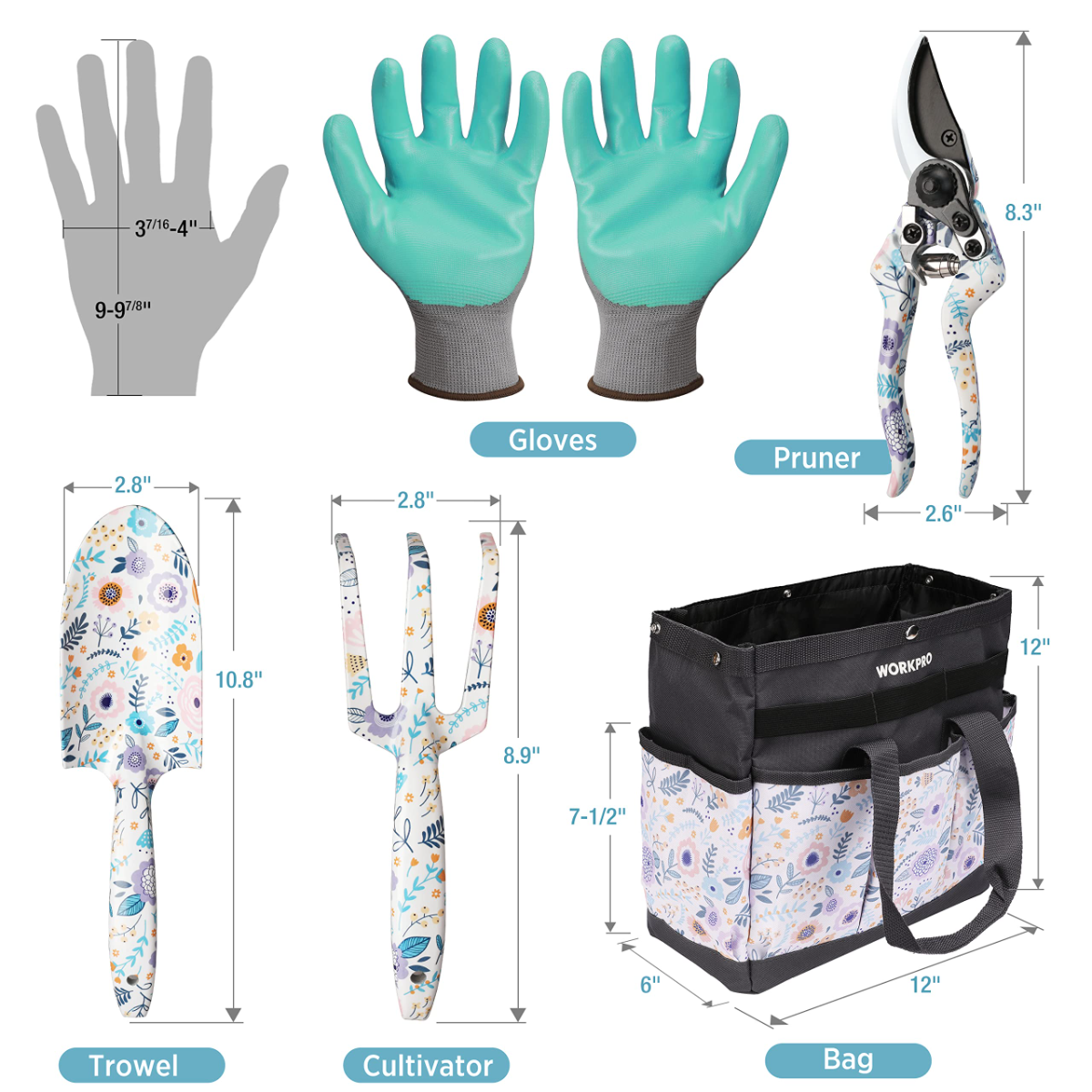Gardening tool set with sizes: gloves, pruning shears, trowel, cultivator, and bag