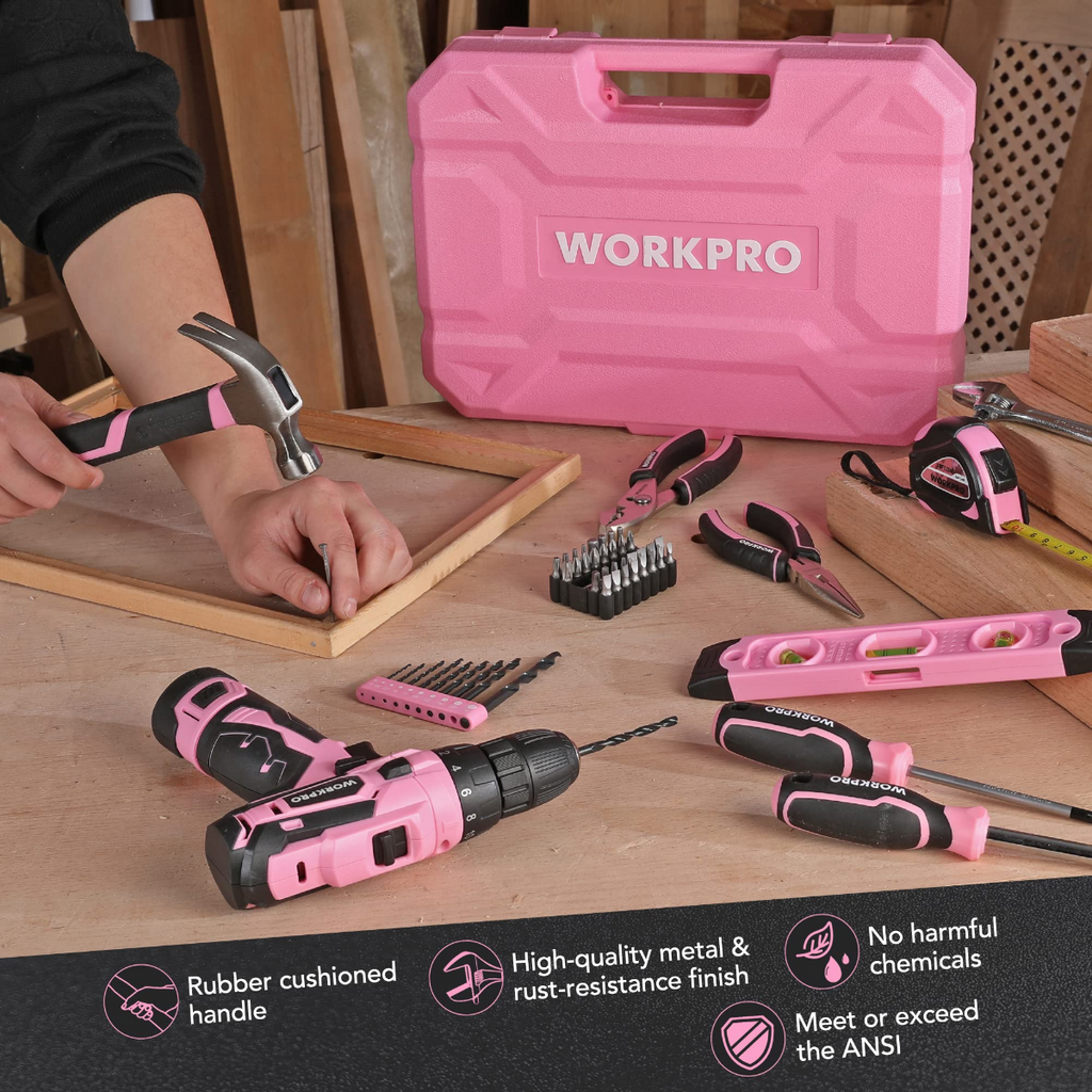 WORKPRO 108-Piece Portable Tool Set with Power Drill - Pink Ribbon