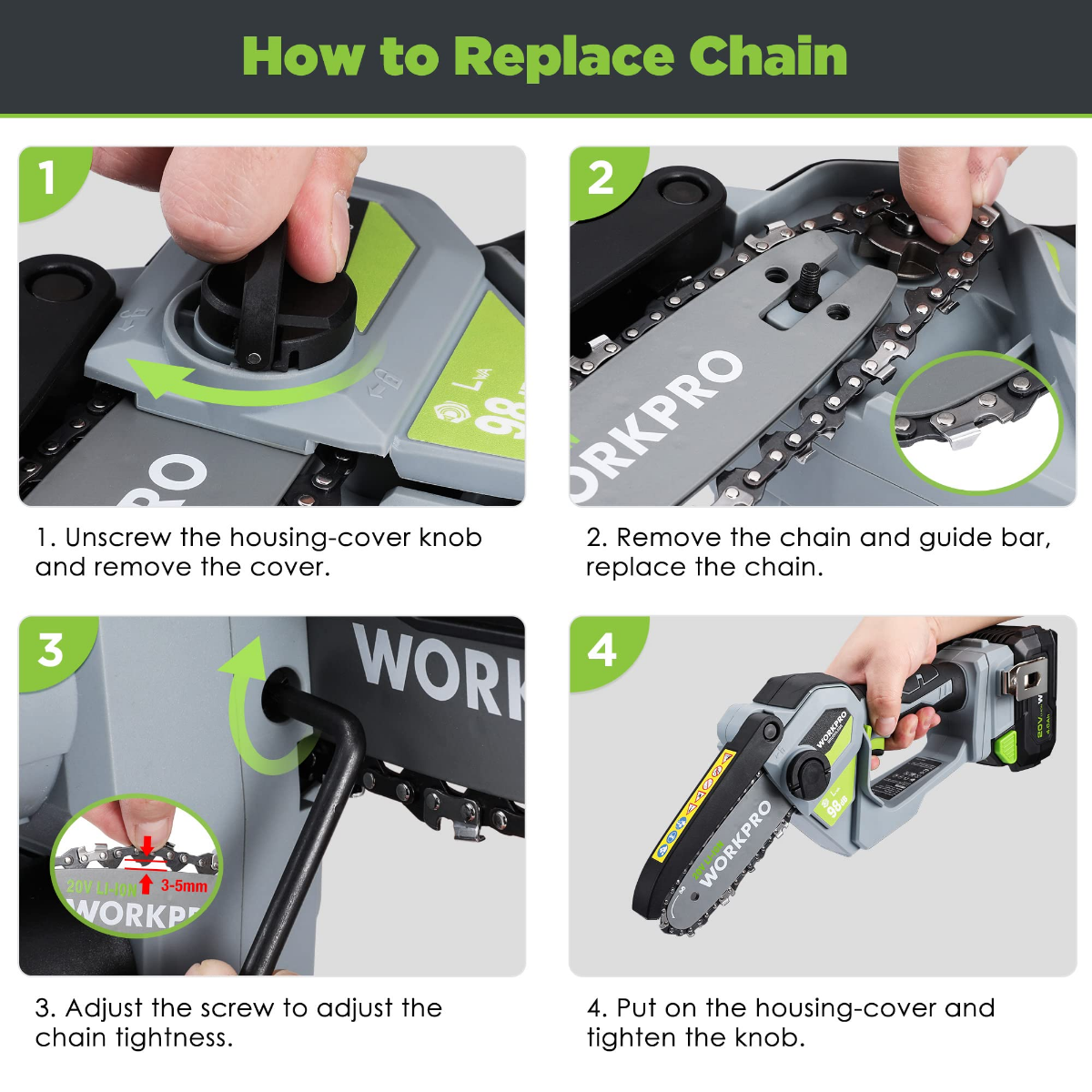 How-to chain replacement diagram on cordless chainsaw housing and cover knob
