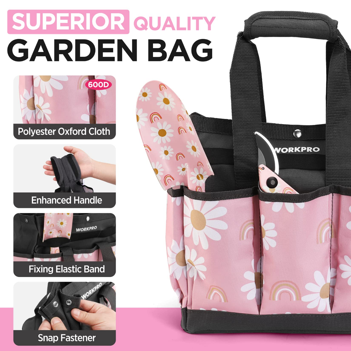 Pink floral garden bag in polyester oxford cloth with reinforced handle, elastic band, and snap fastener