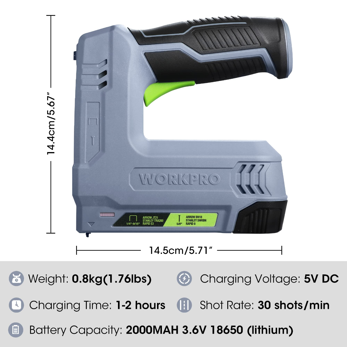 Gray cordless electric staple and nail gun with green accents, side view with specs.
