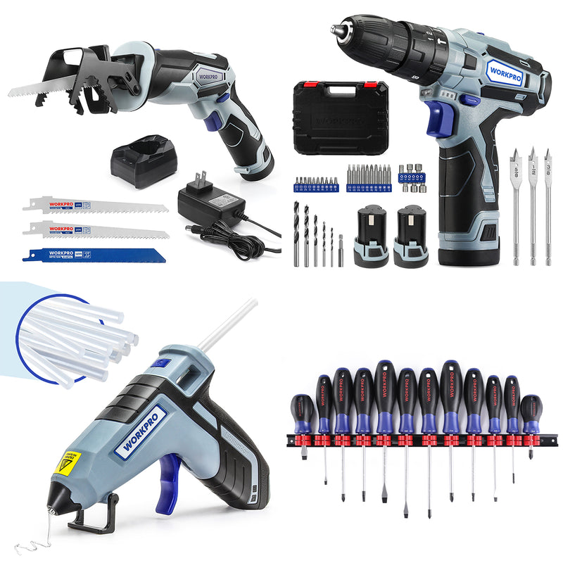 WORKPRO 12V Cordless Reciprocating Saw & 12V Cordless Drill Driver Kit & 12 Pcs Magnetic Screwdrivers Set & Cordless Hot Glue Gun