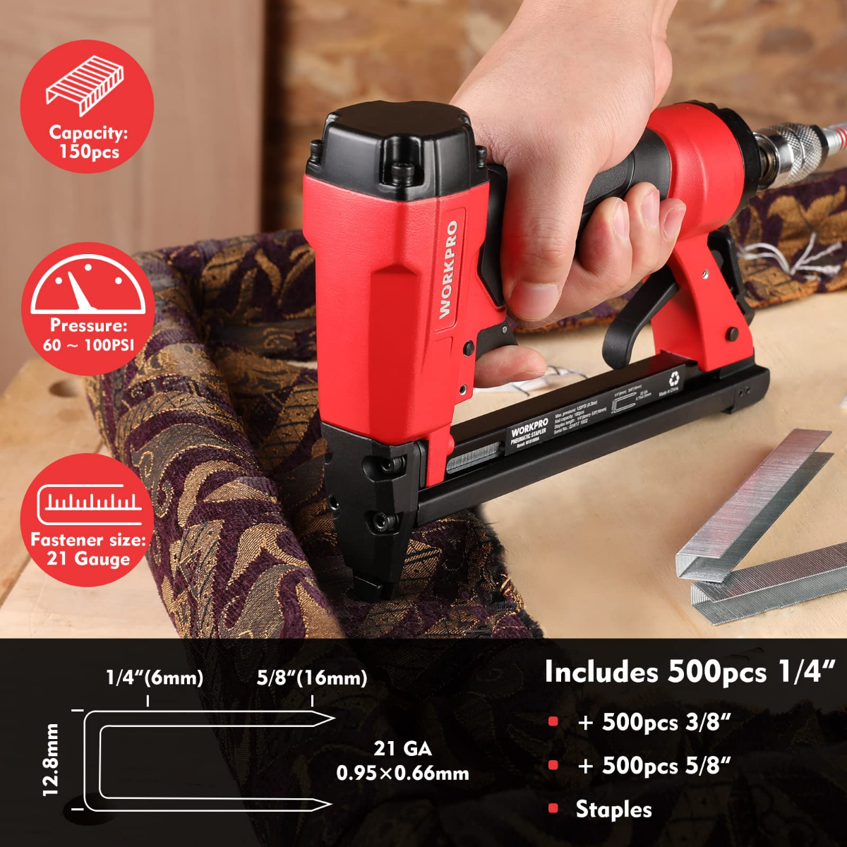 Pneumatic staple gun loading staples into a magazine with a fabric surface underneath