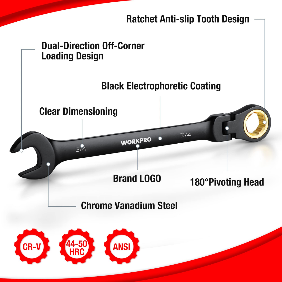 Flex-head ratcheting wrench diagram with anti-slip tooth design and 180-degree pivot head