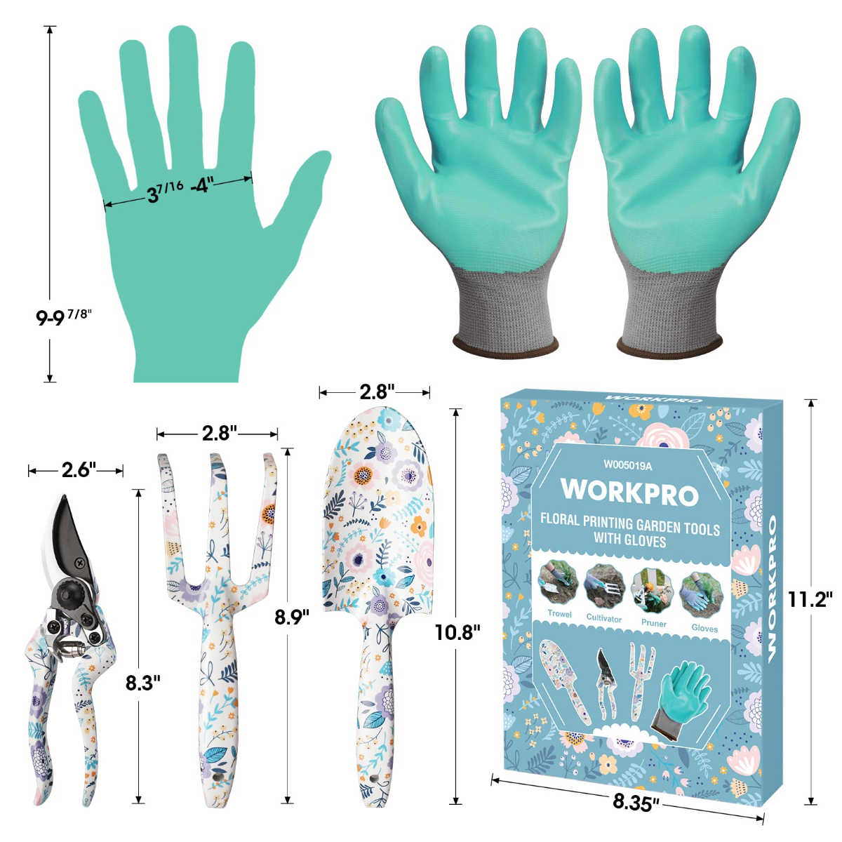 Floral printed garden tools size chart with teal grip gloves