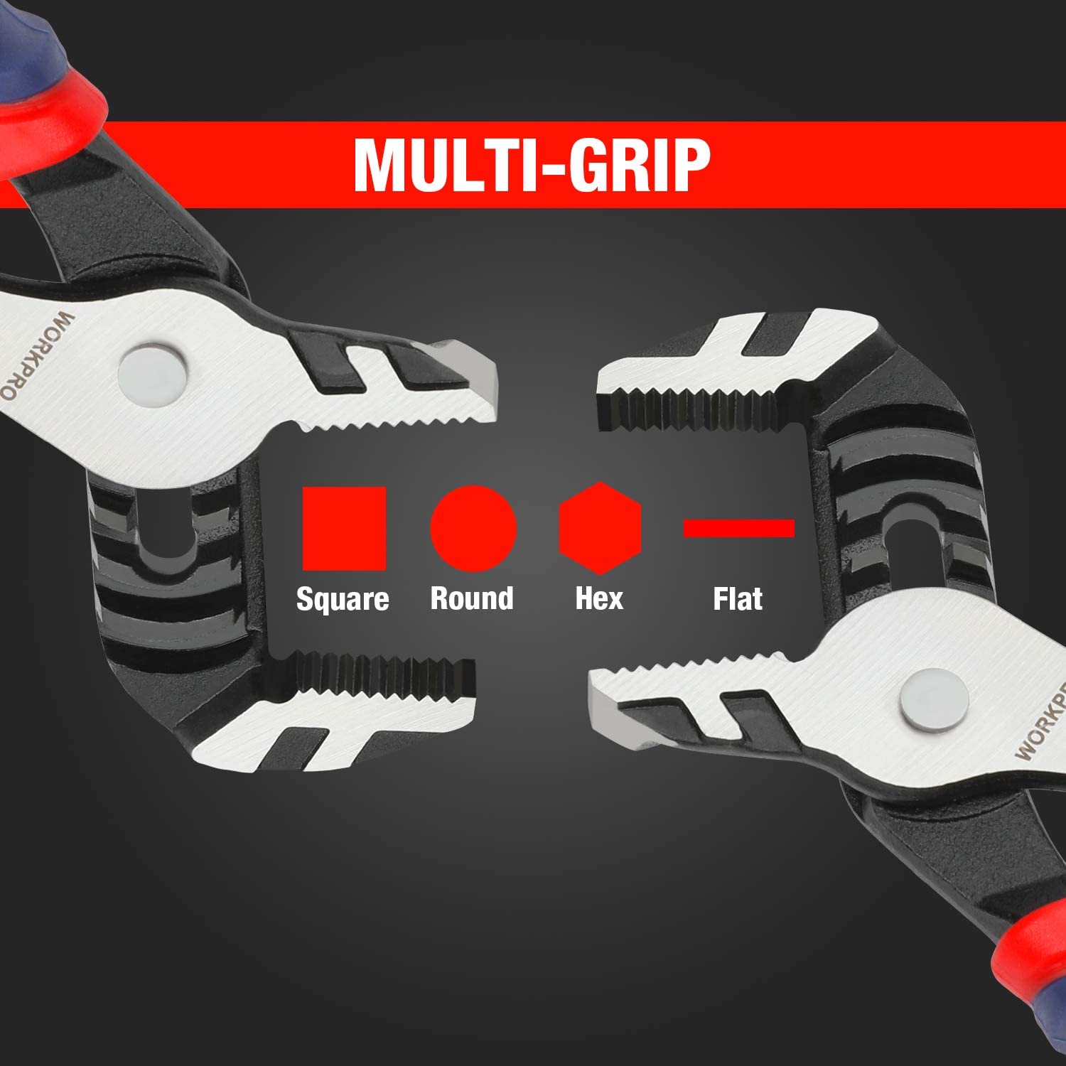 WORKPRO multi-grip groove joint pliers with square, round, hex, flat jaw inserts