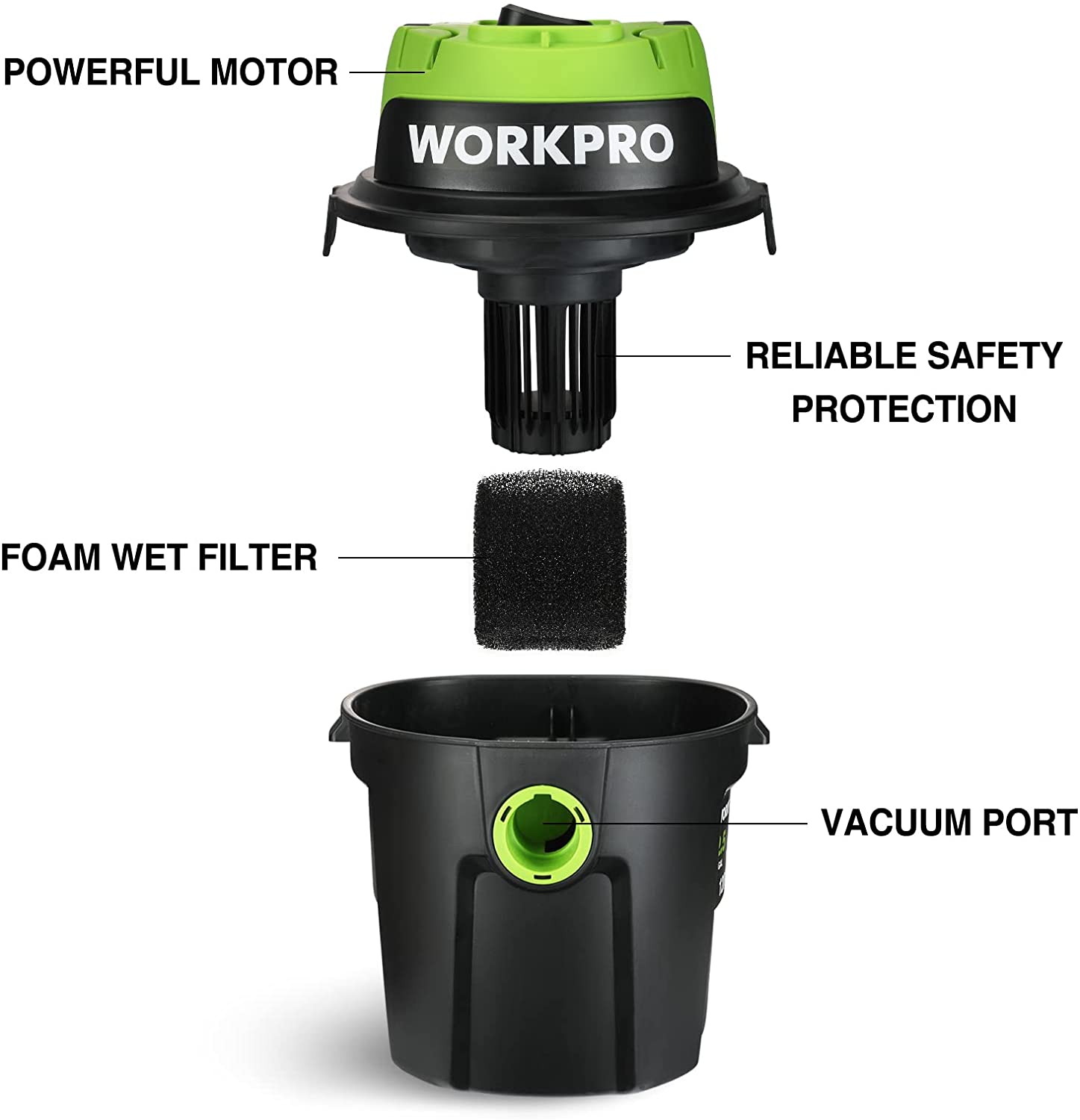 Wet/dry vacuum showing foam wet filter and vacuum port on black tank with green lid.