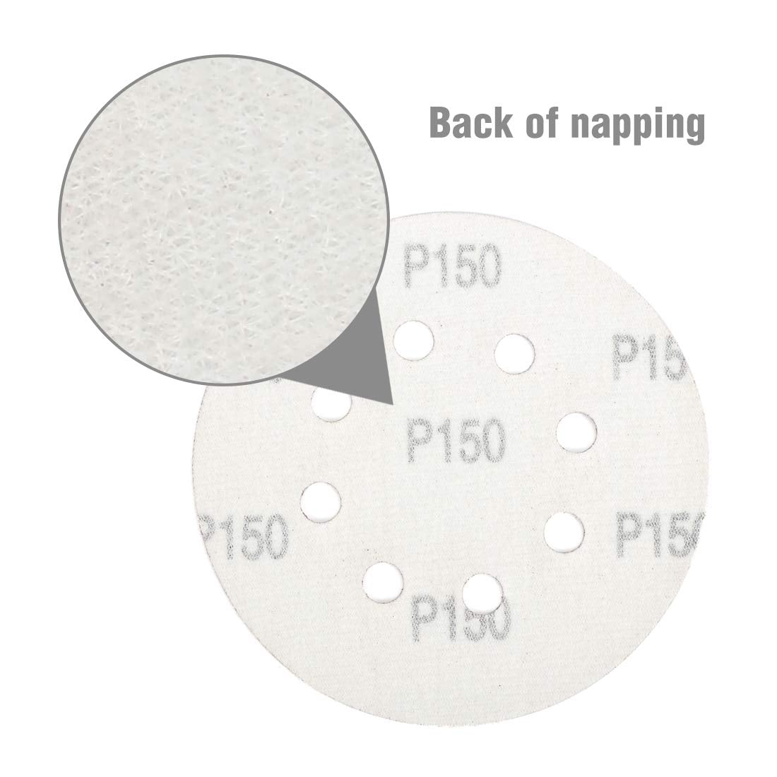 White sanding disc backing with three-hole layout and close-up inset
