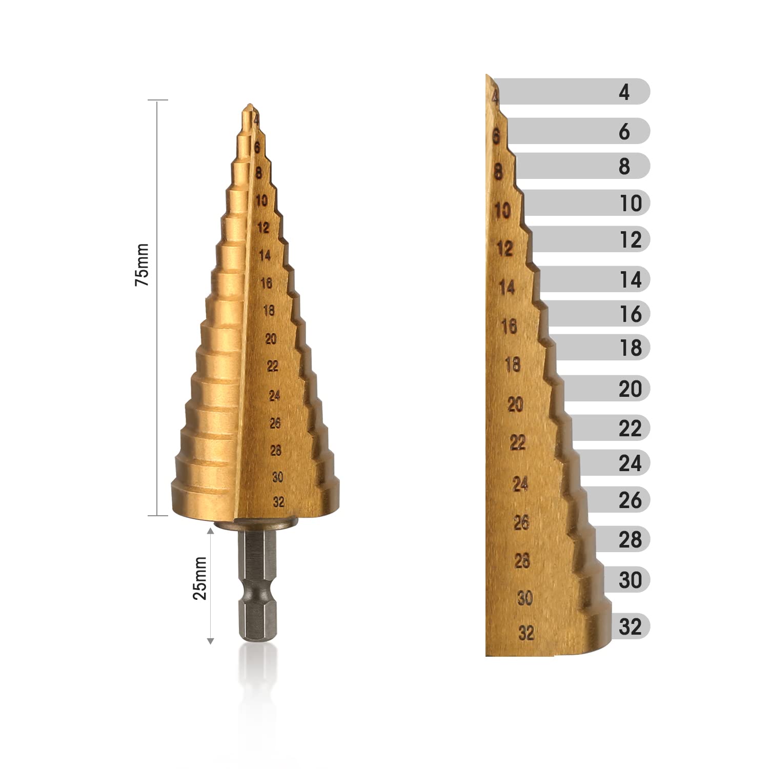 Titanium-coated step drill bit with bronze stepped body and 1/4-inch hex shank