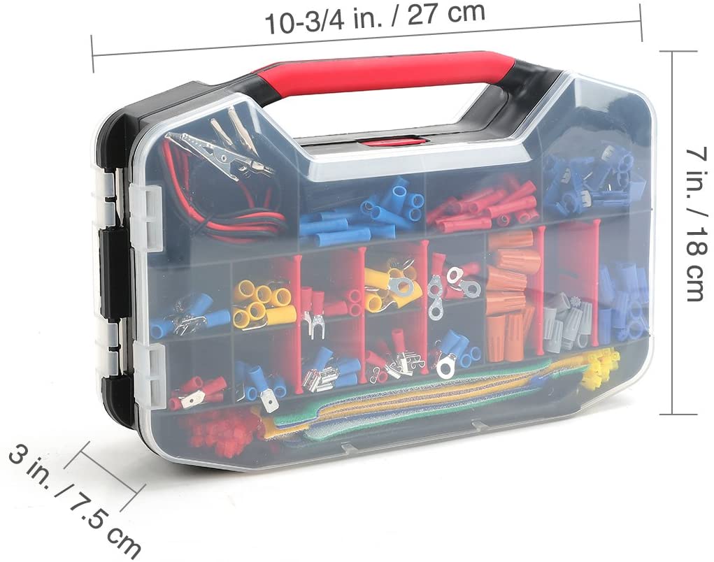 Electrical crimp terminal and heat-shrink connector kit in a clear-lid storage case.