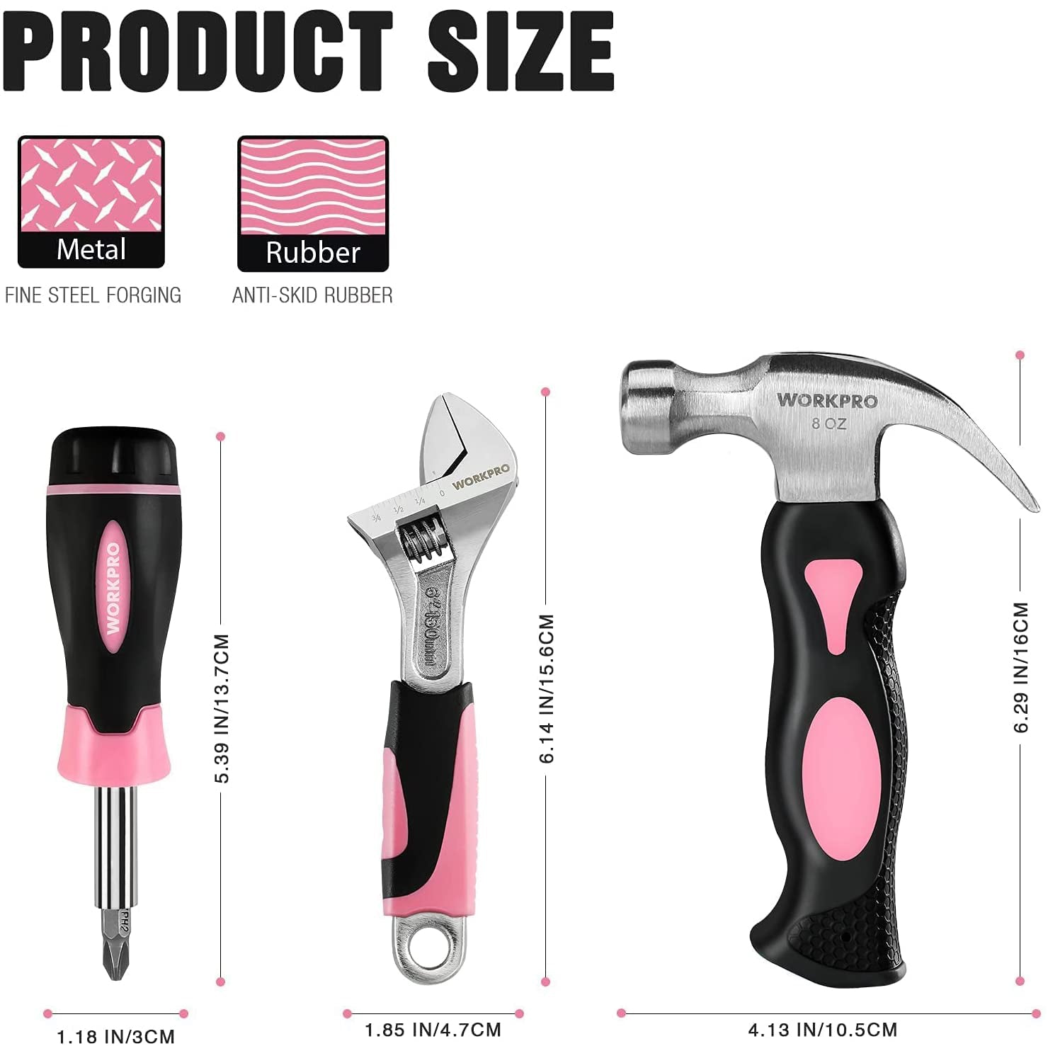 WORKPRO pink and black screwdriver and hammer tool sizes diagram on white background