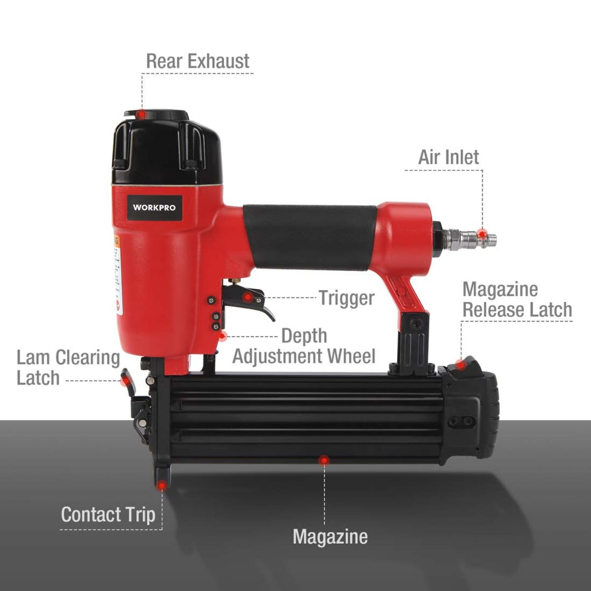 Red and black pneumatic brad nailer with trigger, depth wheel, and rear exhaust