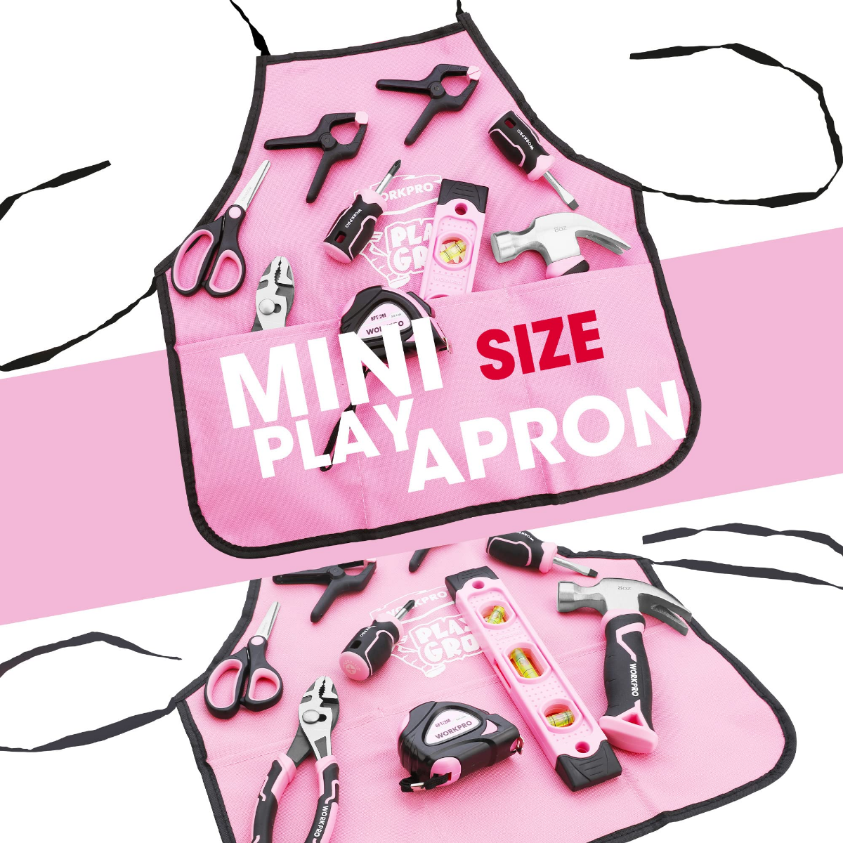 Pink kids play apron with mini tool set and attached toy tools