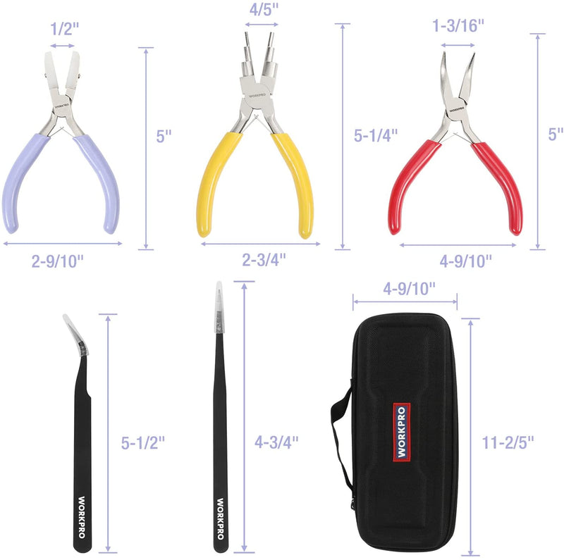 WORKPRO 5 Pcs Jewelry Pliers, Jewelry Tools Includes 6 IN 1 Wire Loop Pliers, Nylon Nose Pliers, Bent Nose Pliers, Pointed Tweezers, Curved Tweezers