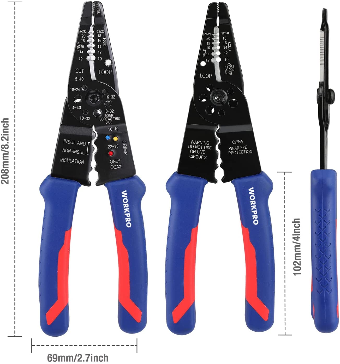 WORKPRO 8-inch wire stripper pliers with blue-and-red ergonomic handles