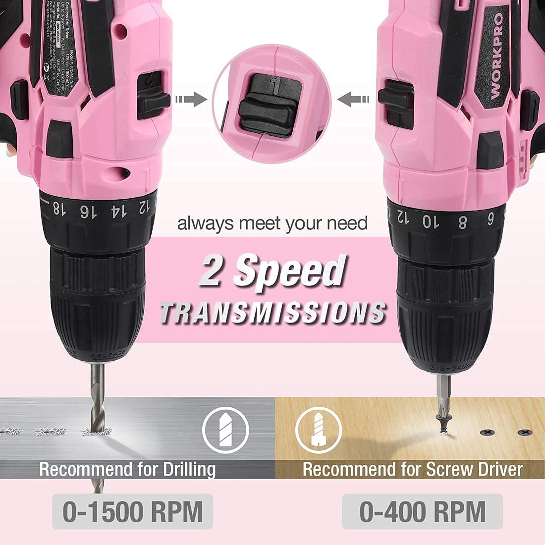 WORKPRO cordless drill driver set in pink with innovation, quality, and durable secure control