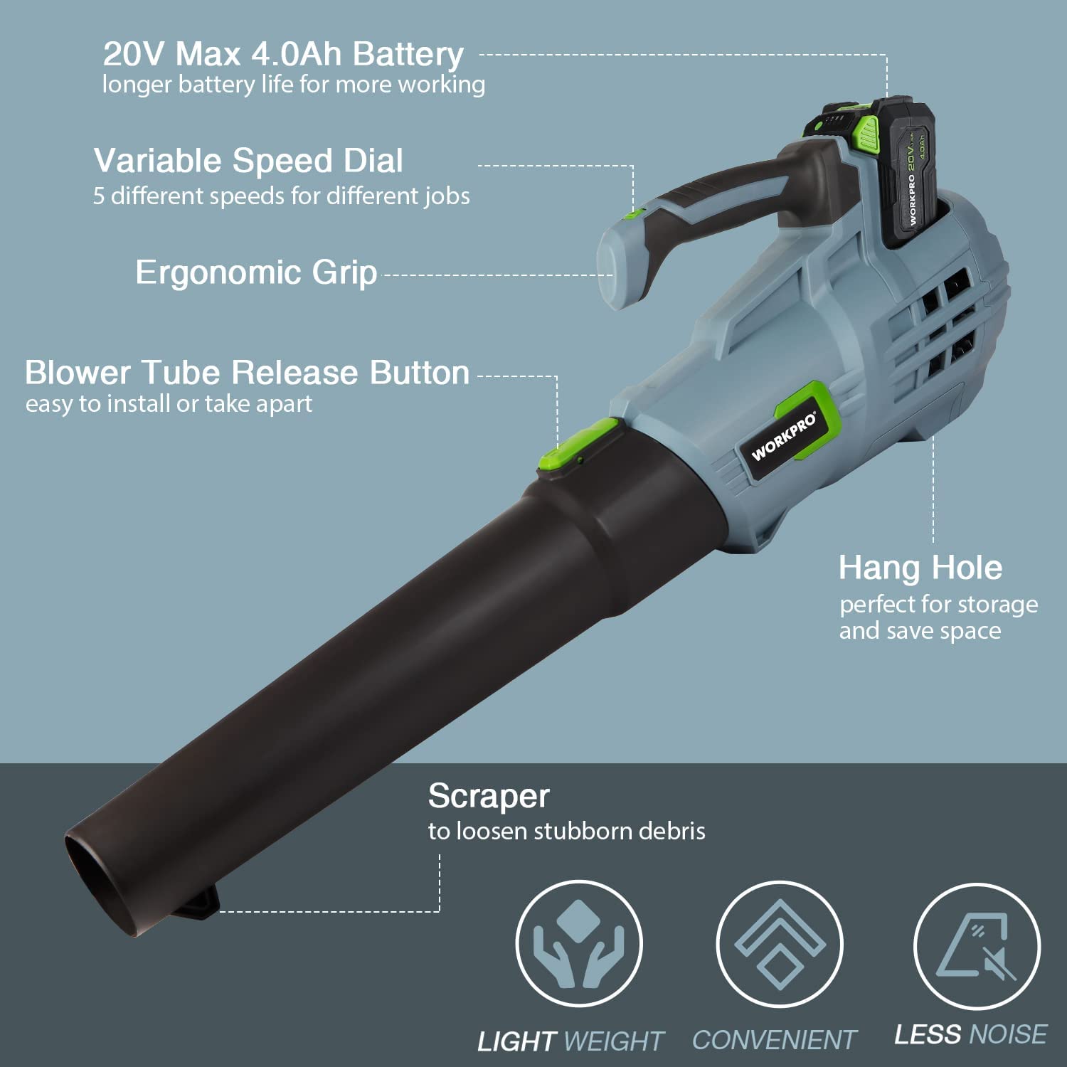 Cordless leaf blower with black tube and light blue housing, green speed controls