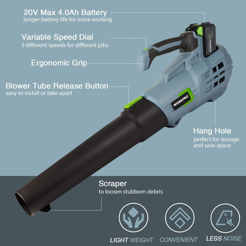 WORKPRO 20V Cordless Leaf Blower with 5 Adjustable Speeds 4.0Ah Larger Capacity Battery and Quick Charger Included