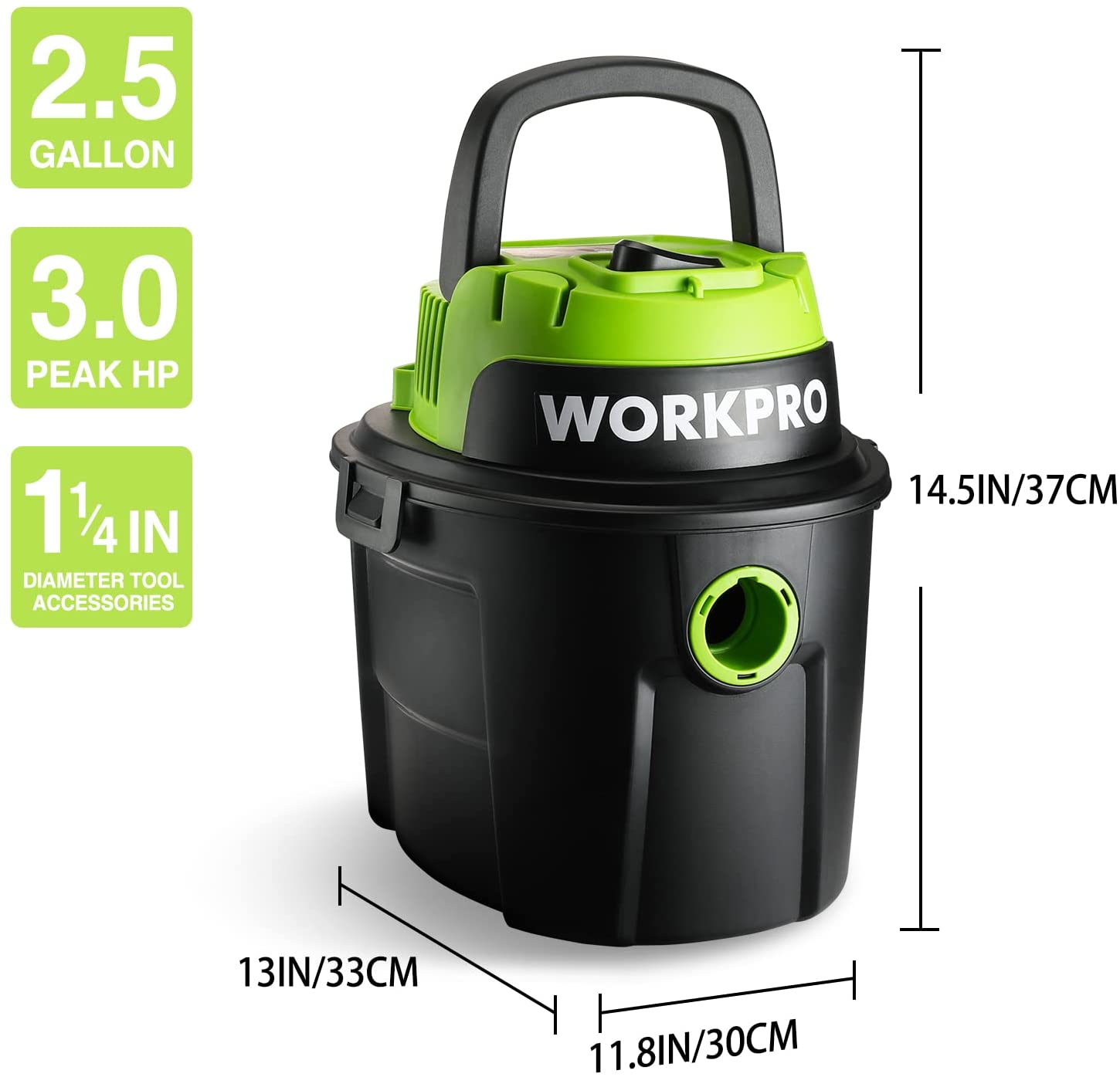 Portable wet/dry shop vacuum with green top and black collection tank, carry handle.