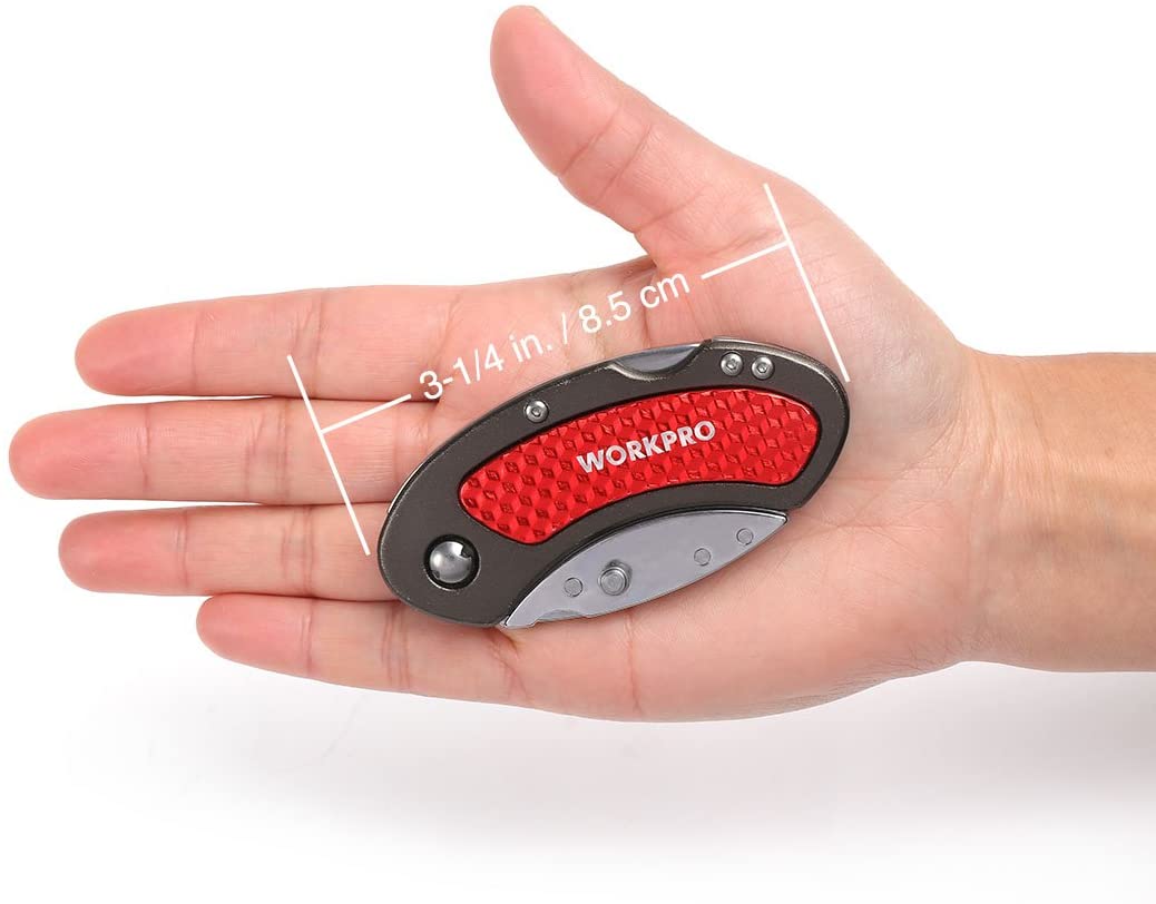 WORKPRO Quick Change Blade Folding Utility Knife Set with red grip insert, secure lock-back blade folding quality