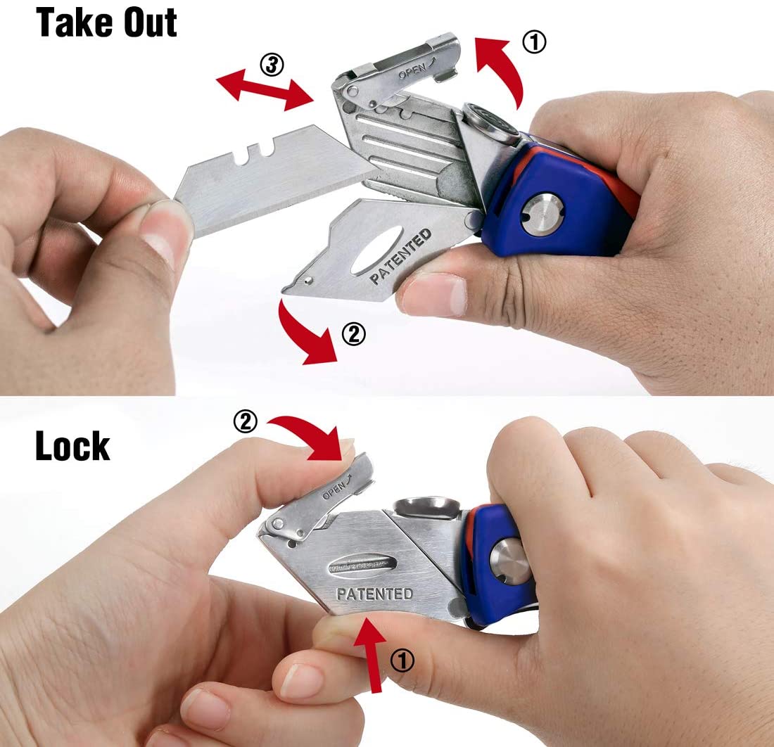 Close-up of hands using locking and blade-release mechanism on folding utility knife