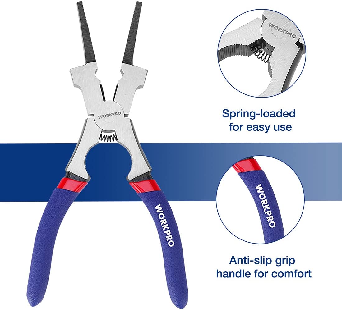 WORKPRO welding pliers with blue anti-slip handles, red pivot accents, and silver jaws