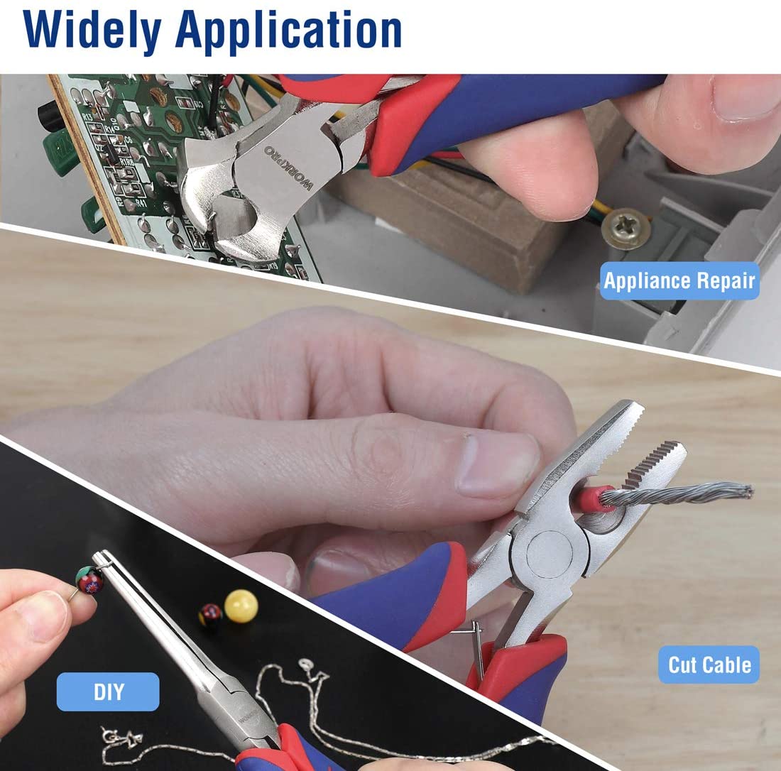 Wire-cutting mini pliers with blue and red grips for repair work
