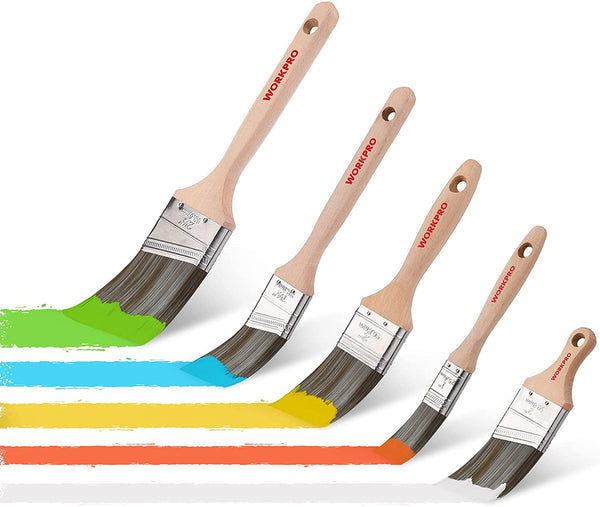 WORKPRO Paint Brushes Set, 5 Pcs Professional Flat and Angle Sash Paint Brush with Wood Handle