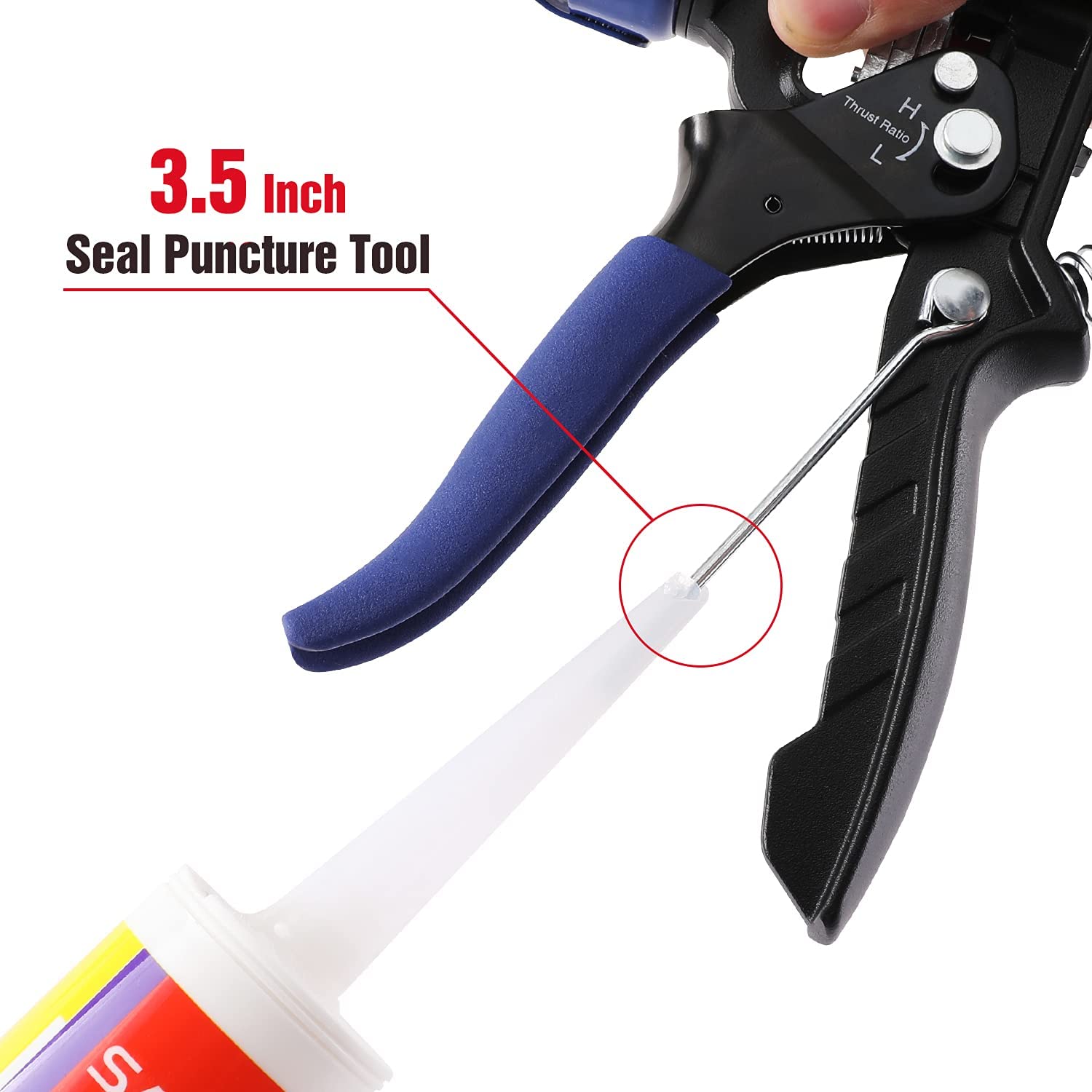 Caulking gun seal puncture tool with clear rod tip on blue and black handle