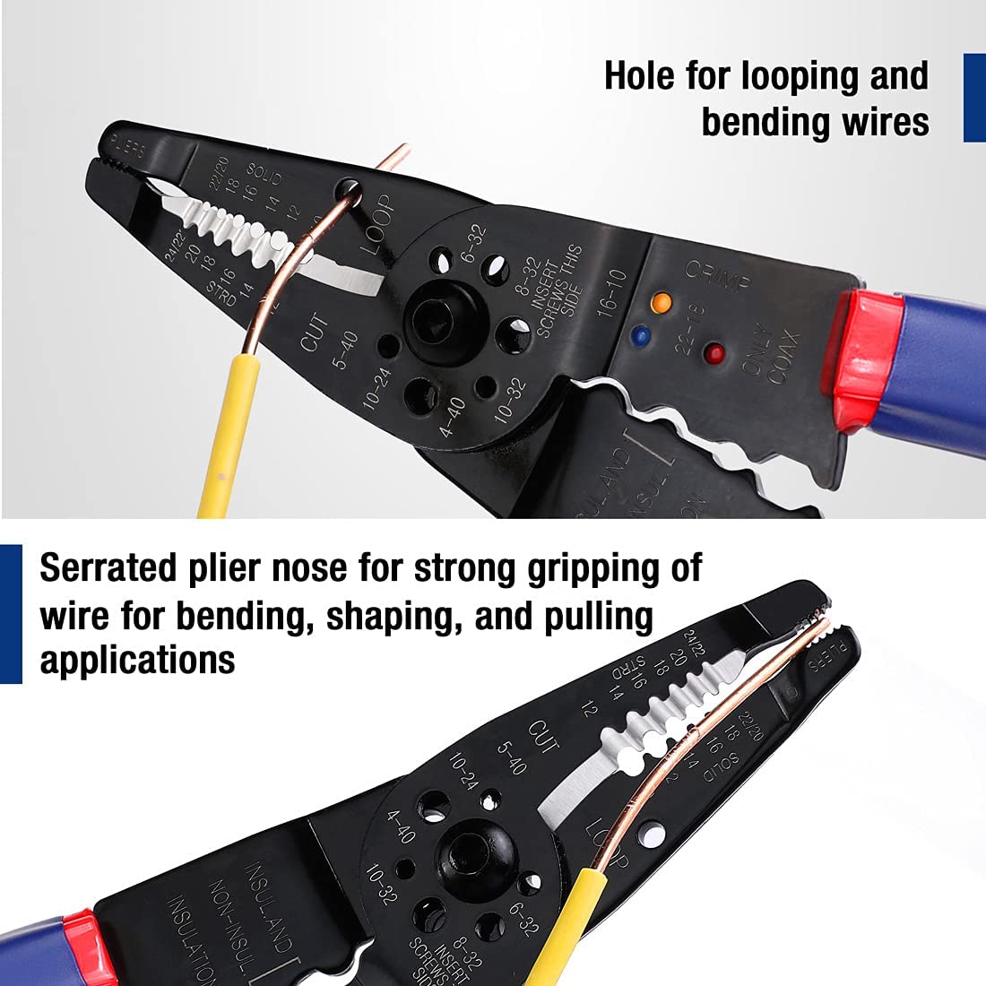 Wire stripper jaw close-up with numbered gauge slots and loop-bending hole