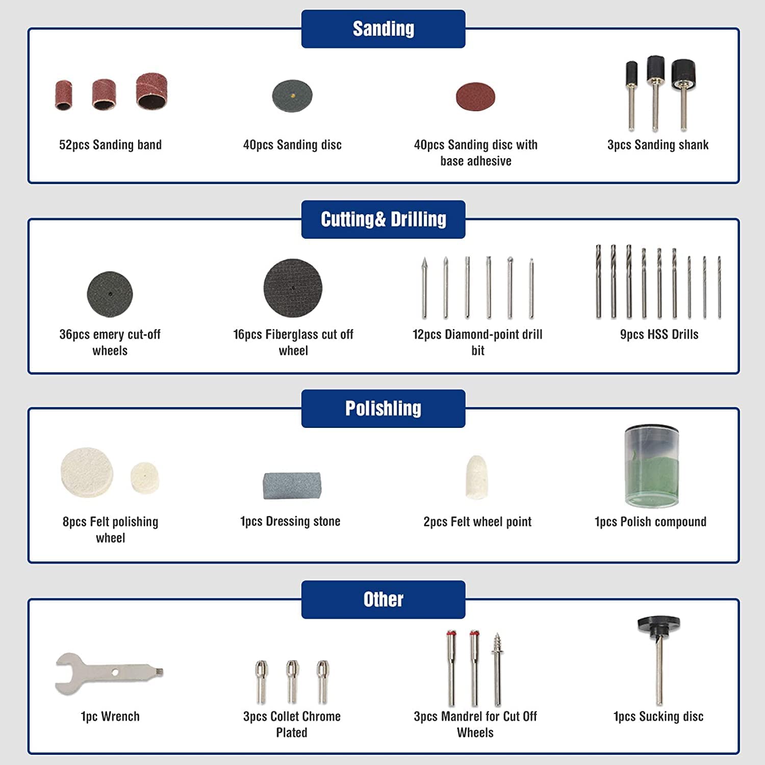 Rotary tool accessory set showing sanding, cutting/drilling, and polishing attachments