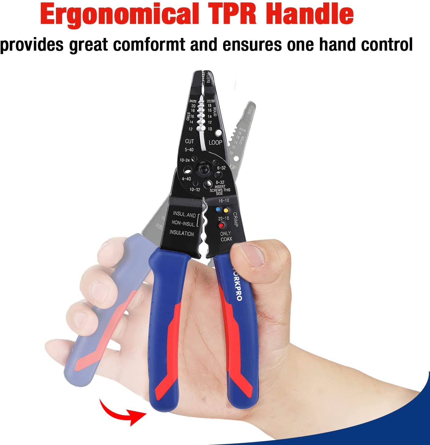 WORKPRO ergonomic TPR-handled wire stripper pliers with blue-and-red grips